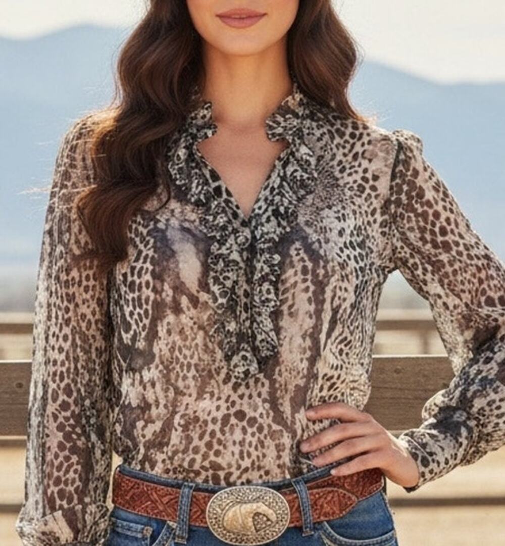 Weston Wear Y2K Mcbling Western Cowgirl Style Semi-Sheer Mesh Blouse